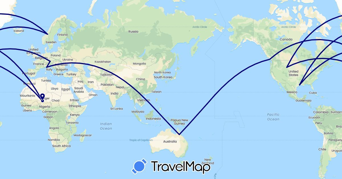 TravelMap itinerary: driving in Austria, Australia, Canada, Italy, Niger, Norway, United States (Africa, Europe, North America, Oceania)